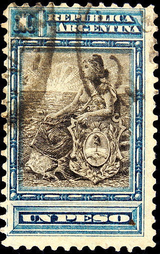 Аргентина 1899 год . Аллегория , сидящая Свобода , 1 p . Каталог 1,30 €.